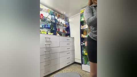 Media: Video of a neatly organized, spacious kitchen pantry with white cabinets, shelves filled with colorful canned goods, and a person in a gray sweater and black skirt standing at the open refrigerator.