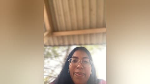 Media: Video of a young Asian woman with long black hair and glasses, smiling, under a corrugated metal roof. Background shows blurred greenery.