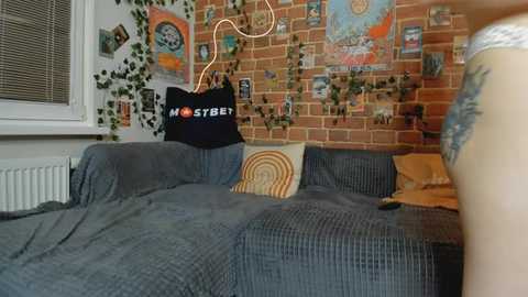 Media: Video of a cozy living room with a gray couch, brick wall adorned with colorful posters, green ivy, and a black SYBEEN tote bag.