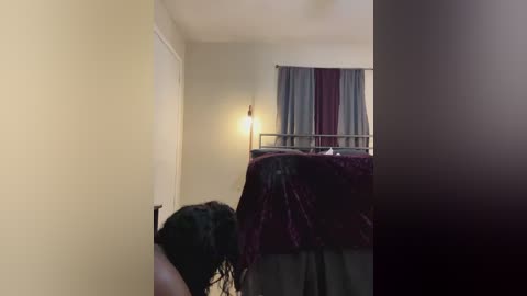 Media: Video of a dimly lit bedroom with a dark-haired person, likely a woman, facing the bed. The bed has a burgundy comforter, grey skirt, and a single lamp on the wall.