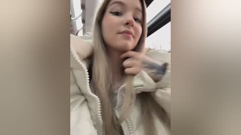 Media: Video of a young woman with long blonde hair, wearing a beige hoodie, sitting on a bus, with her hand touching her neck.