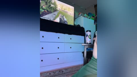 Media: Video of a well-lit bedroom with a large white dresser and a flat-screen TV displaying a nature scene. The room features a green carpet and a colorful toy bin on the right.