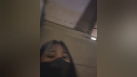 Media: A blurry, dimly lit video shows a person with long dark hair and a black mask, partially obscured by a reflective surface. The background is indistinct, suggesting an indoor, possibly institutional setting.