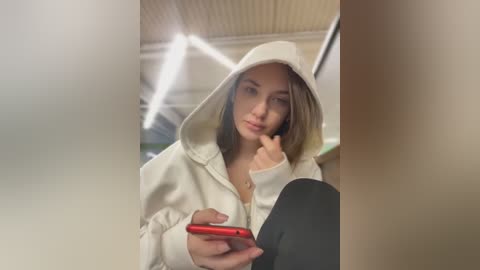 Media: Video of a young woman with straight, light brown hair, wearing a white hoodie, holding a red phone, in a dimly lit, industrial room with a ceiling light.