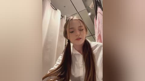 Media: Video of a young Caucasian woman with long, straight brown hair styled in pigtails, wearing a white collared shirt, standing in a small, modern bathroom with a mirrored wall and hanging clothes.