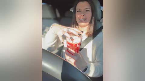 Media: Video of a woman with shoulder-length dark hair, wearing a white long-sleeve shirt, sitting in a car, holding a red drink with a straw, smiling.