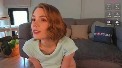 Media: A video of a young woman with light skin, shoulder-length auburn hair, and fair complexion, wearing a light blue t-shirt, seated on a grey couch with a blue pillow marked \"Mister\".