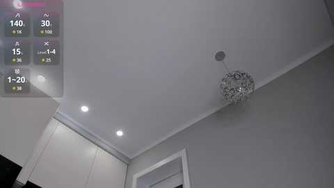 Media: Video of a modern, well-lit room with a white ceiling, recessed lights, and a metallic chandelier. The background features a white wall and a partially visible window with blinds.