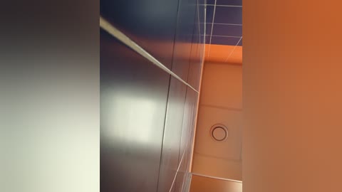 Media: Video of a modern, clean bathroom with smooth, dark gray and light orange tiles, a white circular exhaust vent, and a narrow, horizontal window allowing natural light.