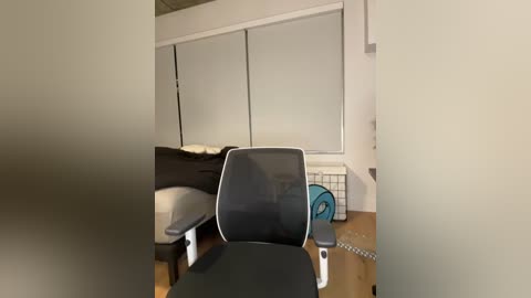 Media: Video of a minimalist office space with a black mesh office chair in the foreground, white blinds covering a window in the background, and a white radiator to the right.