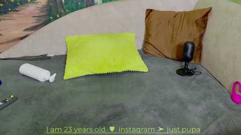 Media: A video of a cozy, low-budget bedroom setup featuring a bright yellow pillow, a rolled-up white towel, and a black microphone on a gray bedspread. The background includes a beige wall and a green wall with a painted landscape.