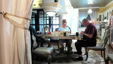 Media: Video of an elegant dining room with beige curtains, two elderly men in casual attire, one seated at a table with a laptop, the other reading a book. The room features ornate furniture, chandelier, and large windows.