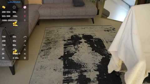 Media: A video of a modern living room with a grey couch, beige carpet, and a white towel draped over the armrest. A black abstract painting on the carpet and a virtual camera overlay showing a 360-degree view.