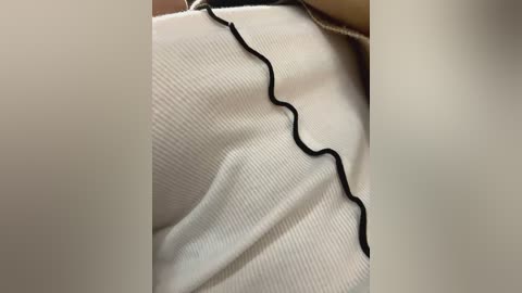 Media: A close-up video of a person's torso, focusing on the ribbed texture of a light-colored, ribbed fabric shirt with black frayed edges. The background is blurred, highlighting the fabric's subtle details and texture.