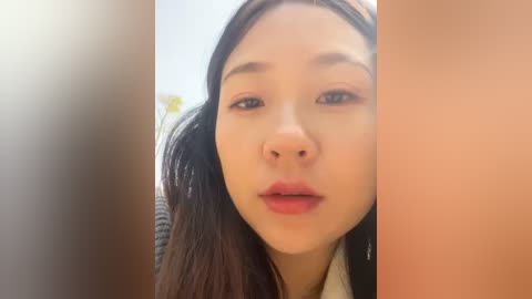 Media: Video of an East Asian woman with fair skin, straight black hair, and light makeup. She has a neutral expression, wearing a white shirt. The background is blurred with soft lighting.