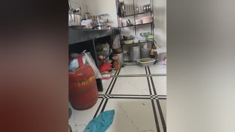 Media: Video of a cluttered kitchen with a red gas cylinder, plastic bags, and cooking utensils on a black-and-white tiled floor.