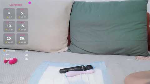 Media: A video showing a woman lying on a bed with a green pillow and a white pillow, a vibrator on a white sheet, and a digital screen displaying sex-related statistics.