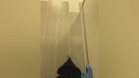 Media: A video of a minimalist bathroom with a beige wall, a silver faucet, a black towel hanging, and a blue shower head on the right side.