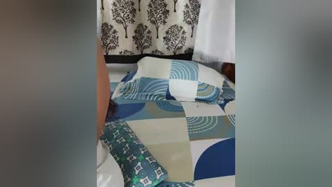 Media: Video of a cluttered bedroom with a white bedspread featuring blue and beige geometric patterns, a white pillow, and a white bowl on the bed. Background includes a white curtain with black tree designs and a partially visible person's leg.