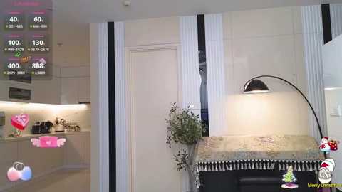 Media: Video of a modern kitchen with a beige countertop, black and white striped wall, a black lamp, and a green plant. Virtual fitness app overlay shows heart rate, steps, and calories.