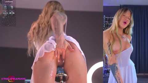 Media: Video of a blonde woman with a slender build, wearing a white dress, and a tattooed arm, bent over, exposing her anus and vulva, while another woman watches.