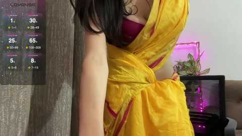 Media: Video of a woman in a yellow sari, revealing a maroon bra, standing next to a monitor displaying temperature and humidity data. Background includes a plant and a grey wall.