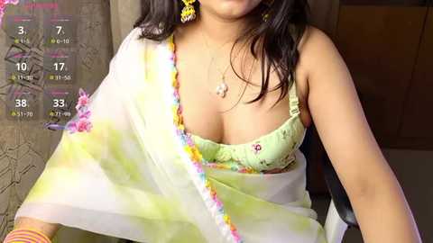 Media: Video of a South Asian woman with medium skin tone, wearing a yellow floral bra and white sari with pink trim. She has long dark hair and large yellow earrings. Background includes a wooden door and a chart with numbers.