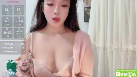 Media: A video of an Asian woman with fair skin, long black hair, and full lips, wearing a pink lace bra, standing indoors. The image includes a weather forecast overlay.