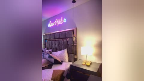 Media: Video of a modern, dimly lit bedroom with a plush, tufted gray headboard, white pillows, and a colorful \"Snooze Inn\" sign above. A dark wooden nightstand holds a modern lamp and a plush toy.