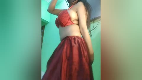 Media: Video of a light-skinned woman with long black hair, wearing a red lace bra and matching skirt, posing indoors against a green wall, with a blurry background.