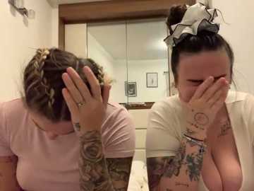 Media: Video of two tattooed women in a bedroom, one with a pink shirt and brown hair, the other with a white shirt and dark hair in a bun, both covering their faces.