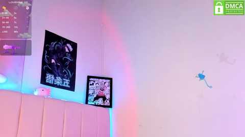 Media: Video of a minimalist room with white walls and a blue neon light. Two framed anime posters hang on the wall, featuring characters in black and white. A green DMC logo is in the top right corner.