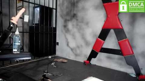 Media: Video of a BDSM scene with a person in red and black leather bondage gear, standing on a wooden platform. Background features a black and white abstract wall.