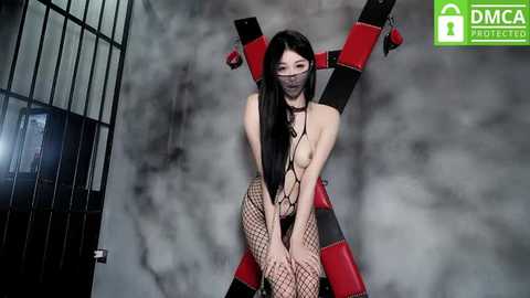 Media: Video of an Asian woman with long black hair, wearing a fishnet bodysuit and blindfold, bound to a red and black cross-shaped frame in a dimly lit room with a black-and-white tiled floor and a barred door.