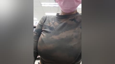 Media: Video of a woman with a medium skin tone wearing a pink face mask, a gray and brown camo long-sleeve top, and a pink shirt. Background shows fluorescent lights and part of a room.