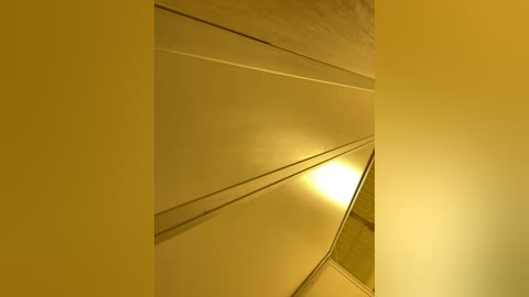 Media: A video showcasing a ceiling with diagonal lines, illuminated by a central light source, casting soft shadows and a warm yellow glow. The background is minimalistic, focusing on the architectural lines and light effects.