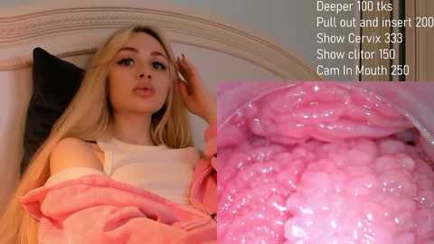 Media: A video juxtaposes a blonde woman in a white top and pink robe, with a close-up of pink, wet, and glistening vaginal tissue.