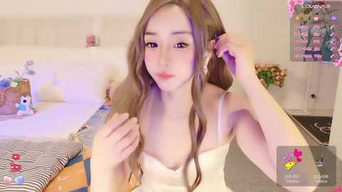 Media: Video of an East Asian woman with long brown hair, fair skin, and small breasts, wearing a white lace bra, sitting on a bed with a white headboard, adjusting her hair.