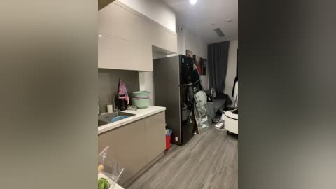 Media: Video of a modern, minimalist kitchen with white cabinets, a sink, and a fridge. Adjacent room contains a cluttered closet with hanging clothes. Gray, wooden floor.