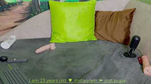 Media: A video of a bed with a green pillow, brown pillow, wooden dildo, black vibrator, and a gray blanket. Background features a painted wall with forest and path. Text overlay: \"m23 years old / instagam @justpuppy\