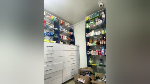 Media: Video of a small, well-lit pharmacy storage room with white cabinets and shelves stocked with a variety of colorful pharmaceutical products, including boxes and bottles.