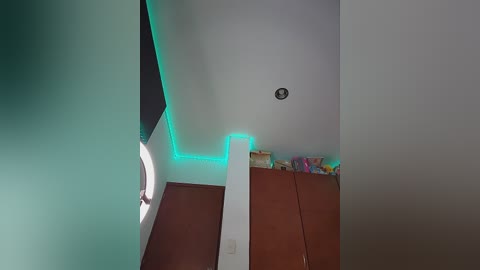 Media: A video of a minimalist, modern children's bedroom with light grey walls, a glowing green LED strip under a white ceiling, a small circular light, and a row of wooden shelves with colorful toys.