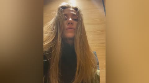 Media: A video of a young woman with long, messy brown hair, wearing a black top, standing in a dimly lit room with wooden walls, creating a moody, introspective atmosphere.