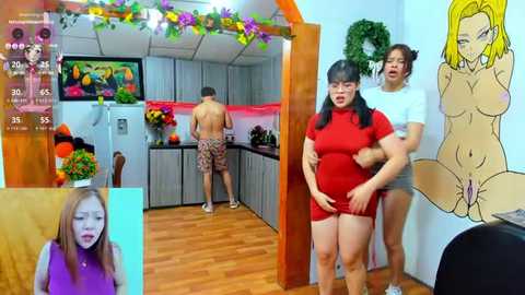 Media: Video of a kitchen scene with a shirtless man in shorts, two women in revealing outfits, a digital overlay of a girl in a purple dress, and a cartoon on the wall.