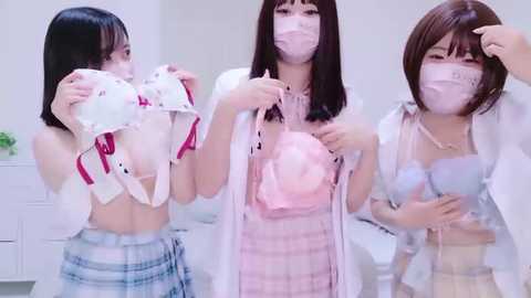 Media: Video of three masked women in a bathroom, holding white bras and pink panties; one woman in a plaid skirt.