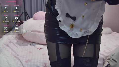 Media: A video of a woman wearing a revealing black latex dress with white frills, gold buttons, and a sheer black garter belt, standing in a pastel-colored room with plush toys.