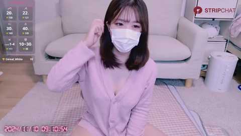 Media: Video of an East Asian woman with shoulder-length brown hair, wearing a pink robe, mask, and glasses, sitting on a rug, indoors, with a white couch behind her.