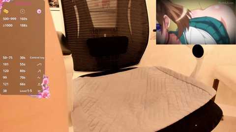 Media: Video of a woman in a green top, seated at a desk with a black mesh chair, featuring a computer screen displaying a live stream of a woman applying makeup.