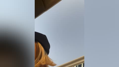 Media: Video of a person with a black beret, facing left, with shoulder-length red hair. The background features a cloudy sky and the top of a beige building. The image has a soft focus and a somewhat blurry appearance.