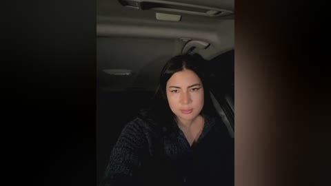 Media: A video of a young woman with long, dark hair, wearing a dark sweater, sitting in a dimly lit car. The background is dark, and her expression is neutral.